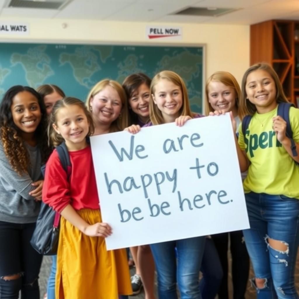 Group of happy students holding a sign that says 'We are happy to be here'