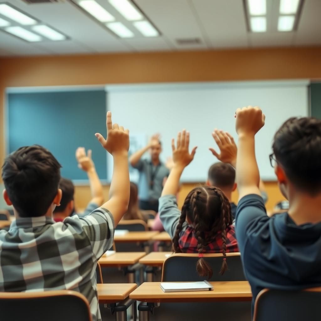 Teacher in a classroom with students raising hands