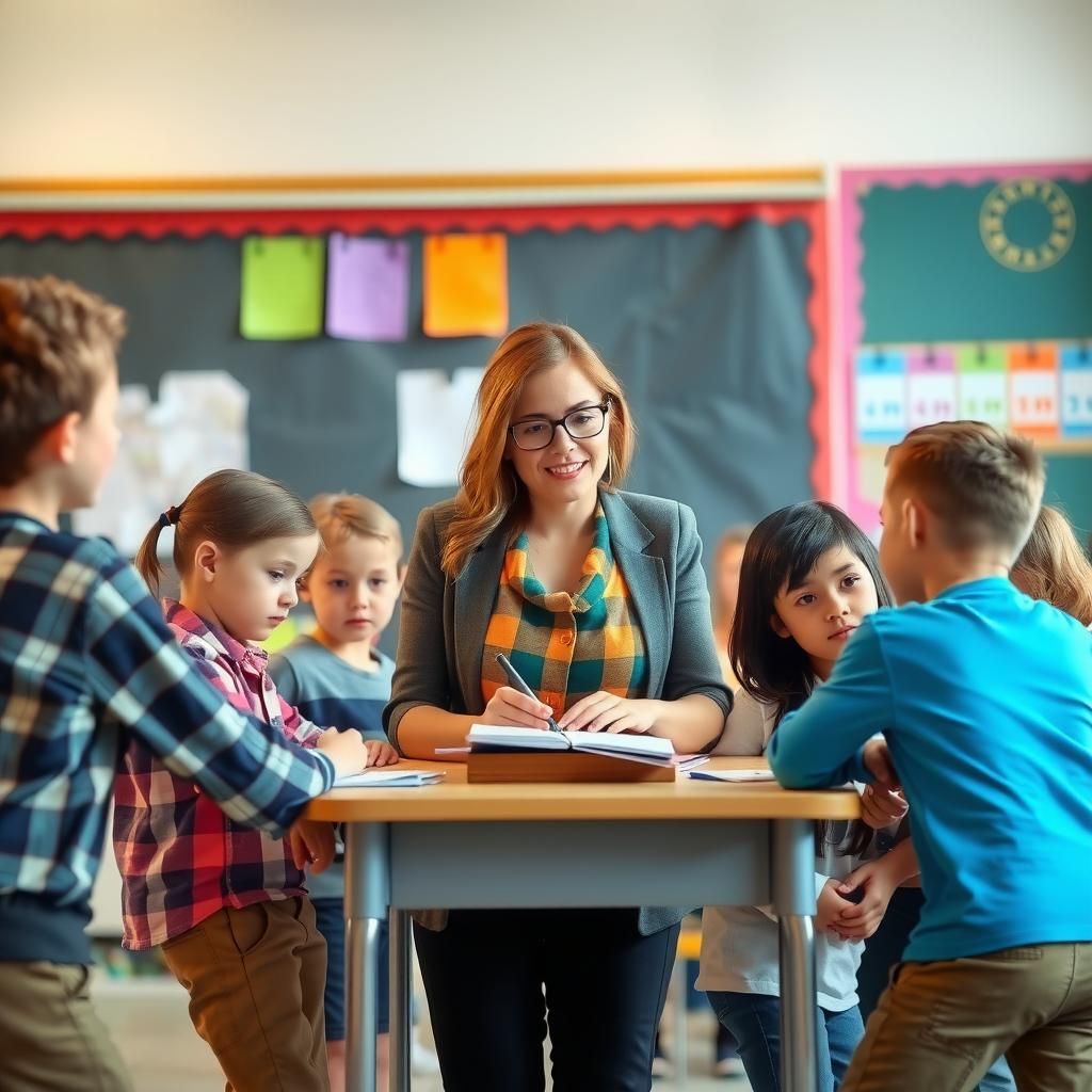 Background image of children and a teacher in a classroom