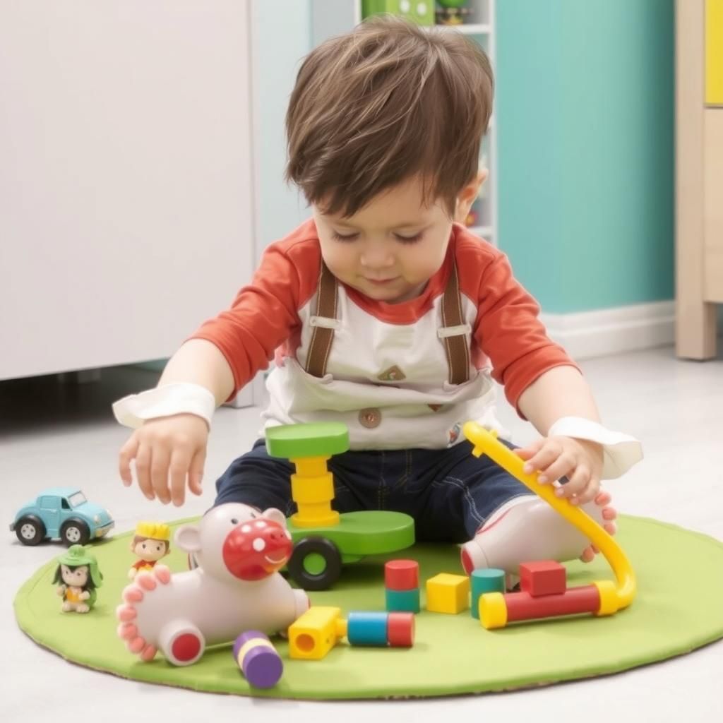 Child playing with toys on a green mat