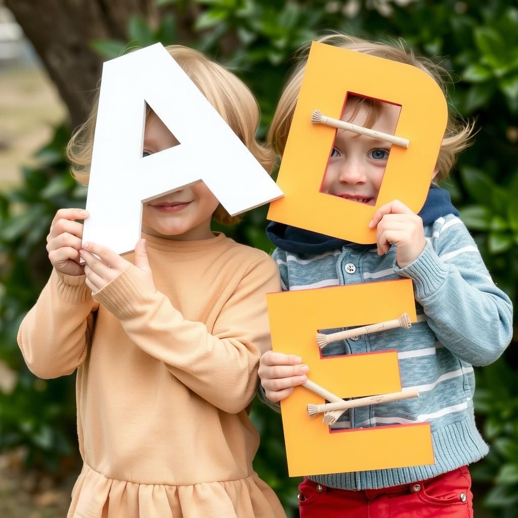 Two children holding alphabet letters